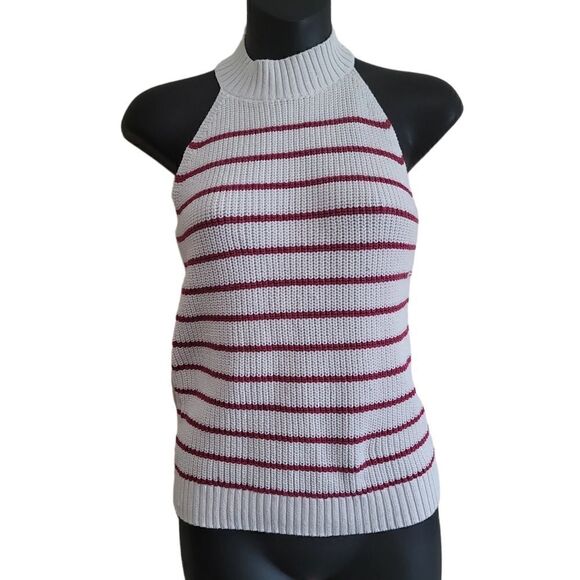 Loft Shimmer Red and Cream Stripe Stitchy Halter Sweater Sz Small - Picture 7 of 9